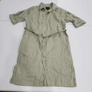 Tahari Shirt Dress Womens Small Green Linen Belted Short Sleeve Knee Length